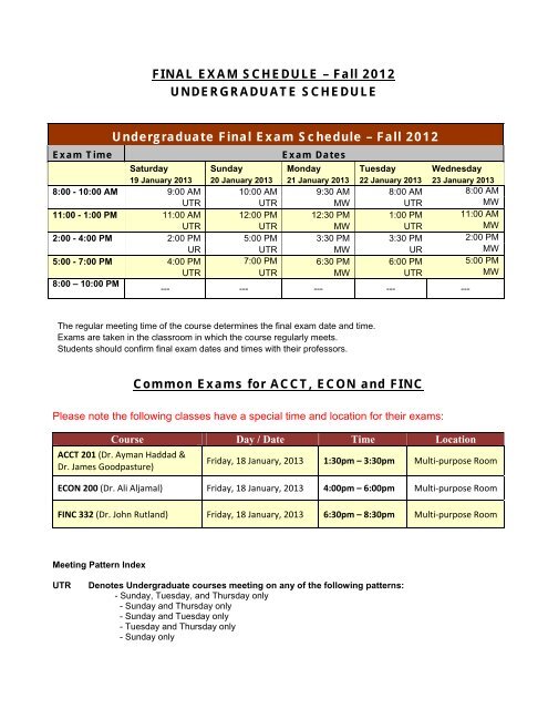 FINAL EXAM SCHEDULE â Fall 2012 UNDERGRADUATE ... - AUK