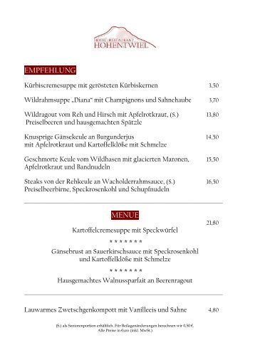 empfehlung menue - Hotel Hohentwiel