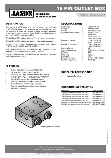 19 Pin Outlet Box Technicial Specification Sheet - Jands