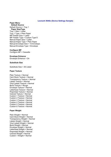 Lexmark X646e (Device Settings Sample) Paper Menu Default ...