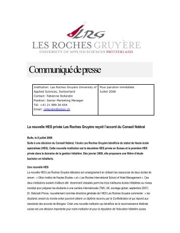 CommuniquÃ© de presse - Les Roches International School of Hotel ...