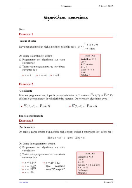 Exercices d'algorithmes - Lyceedadultes.fr