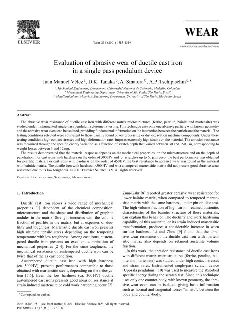 Evaluation of abrasive wear of ductile cast iron in a single pass ...