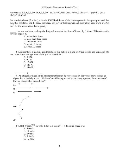 AP Physics Momentum Practice Test Answers