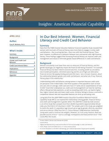 In Our Best Interest: Women, Financial Literacy and Credit Card - finra