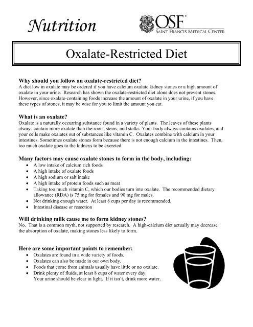 Calcium Oxalate Food Chart