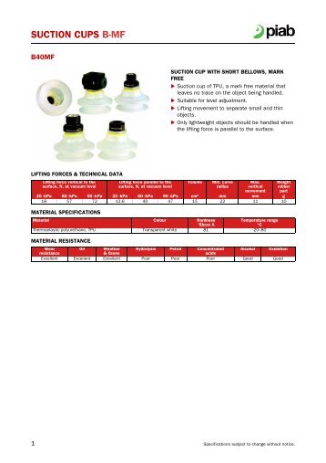 Piab suction cups B40MF data sheet