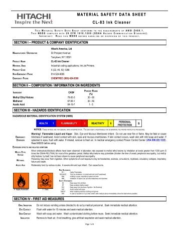 CL-83 Ink Cleaner | Material Safety Data Sheet : Hitachi America, Ltd.