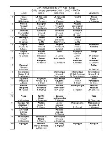 U3A : UniversitÃ© du 3Ã¨me Age - LiÃ¨ge Grille horaire provisoire 2011 ...