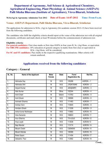 Admission Test of M.Sc.(Ag) in Agronomy, 2012-13 ... - Visva-Bharati