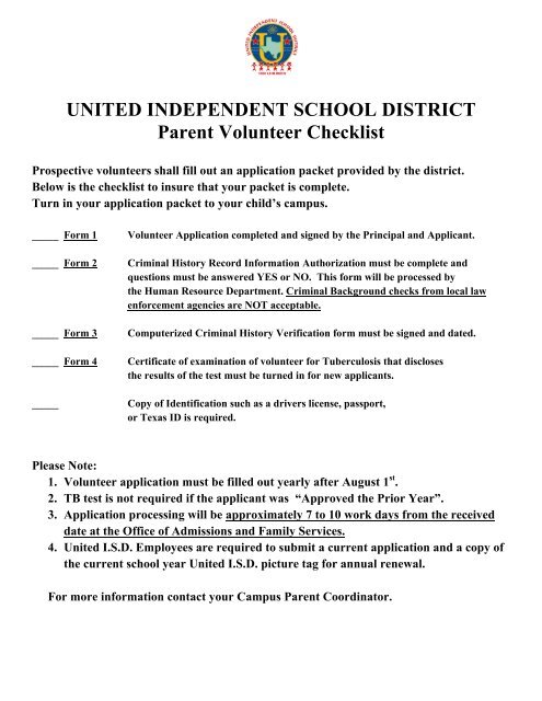 School/Parent Volunteer Application Packet - United Independent ...