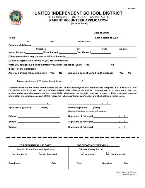 School/Parent Volunteer Application Packet - United Independent ...