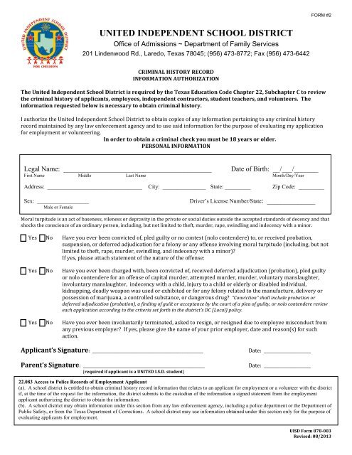 School/Parent Volunteer Application Packet - United Independent ...