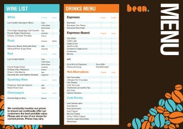 DRINKS MENU WINE LIST - Bean Coffee, Liverpool