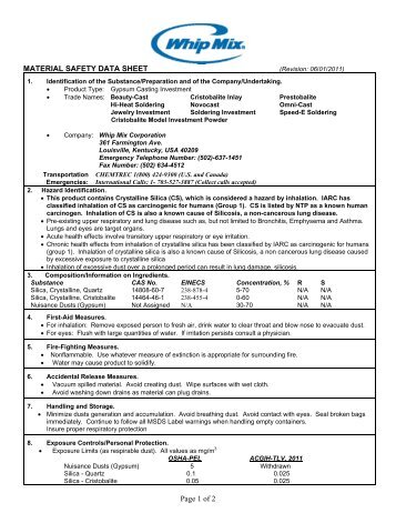 Gypsum Casting Investment MSDS - Whip Mix