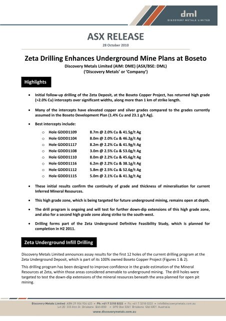 Zeta Drilling enhances Underground Mine Plans - Discovery Metals ...