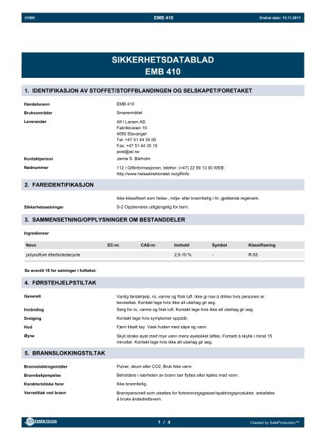 SIKKERHETSDATABLAD EMB 410 - Alf I. Larsen AS