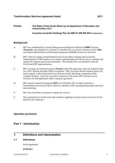 Transformation Services Agreement - NSW Department of Education ...