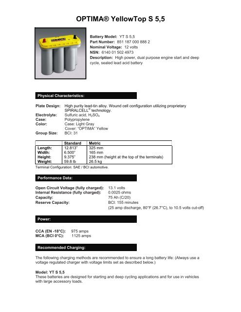 Optima Battery Application Chart