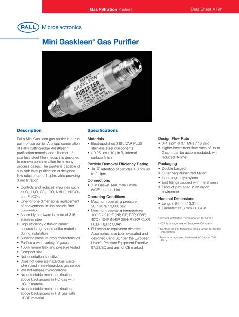Mini GaskleenÂ® Gas Purifier - Pall Corporation (PLL)