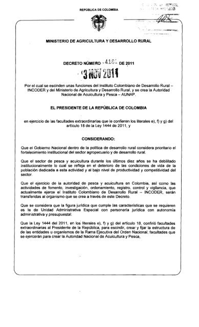 Decreto 4181 - Ministerio de Agricultura y Desarrollo Rural