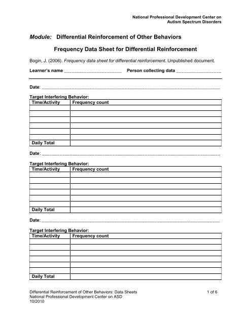 Frequency Data Sheet for Differential Reinforcement - National ...