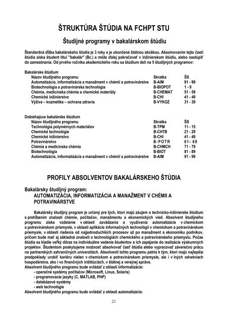 Å tudijnÃ© programy FCHPT STU v Bratislave v ak. r. 2013/2014
