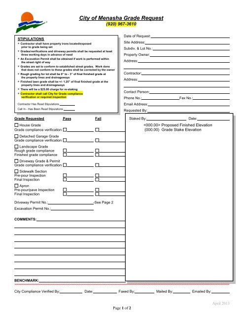 Driveway Permit/Grade Request - the City of Menasha!