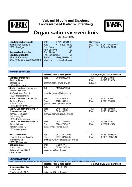 Organisationsverzeichnis - VBE Baden-Württemberg