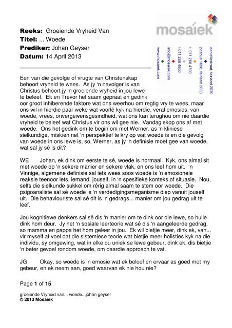 Groeiende Vryheid Van Titel: ... Woede Prediker: Johan ... - Mosaiek