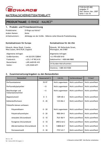 materialsicherheitsdatenblatt produktname: o-ringe - kalrez - Edwards