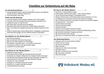 Checkliste zur Vorbereitung auf die Reise - Volksbank Modau eG