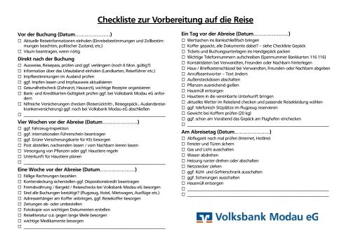 Checkliste zur Vorbereitung auf die Reise - Volksbank Modau eG