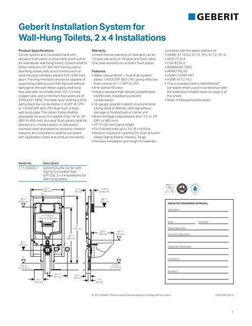 geberit installation System for Wall-hung toilets, 2 x 4 installations