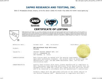 IAPMO RESEARCH AND TESTING, INC. CERTIFICATE OF LISTING