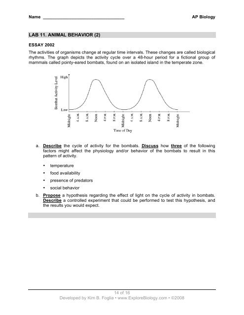 Lab Essay Questions - Explore Biology