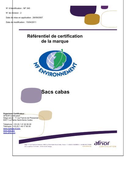 Référentiel de certification NF340 - Sacs cabas - Marque NF