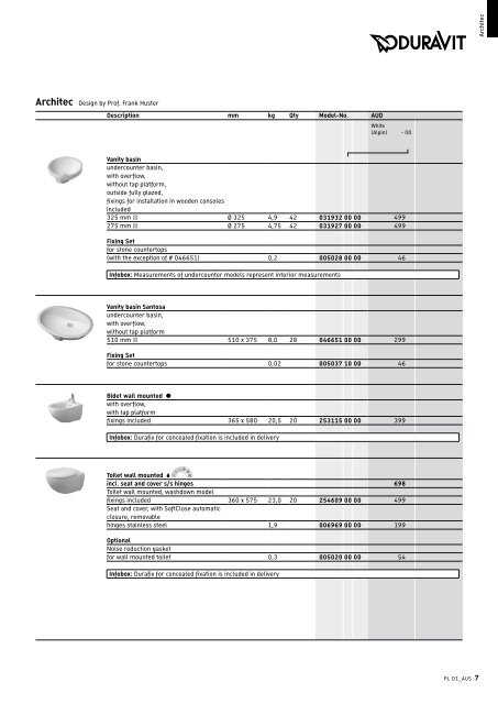 Duravit D1 Price List