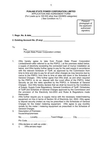 Application and Agreement Form For Loads up to 100 KW.