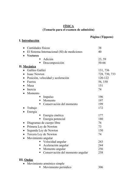 FÃSICA (Temario para el examen de admisiÃ³n) PÃ¡gina ... - cicimar