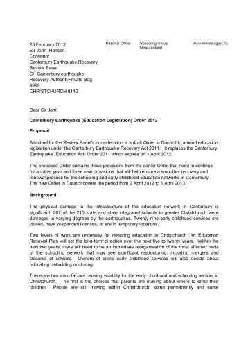 Letter to Review Panel from the Ministry of Education - Canterbury ...