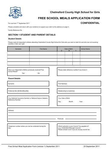 FREE SCHOOL MEALS APPLICATION FORM - Chelmsford County ...