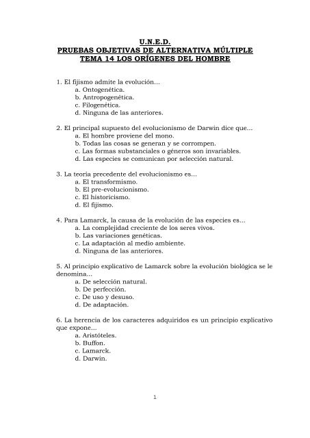 uned pruebas objetivas de alternativa mÃºltiple tema 14 los orÃ­genes ...
