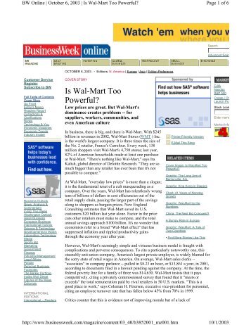 âIs Wal-Mart Too Powerful?â Business Week, October 6, 2003