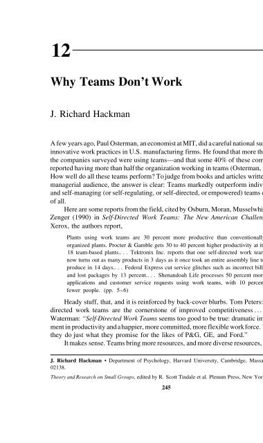 Why Teams Don T Work A J Richard Hackman