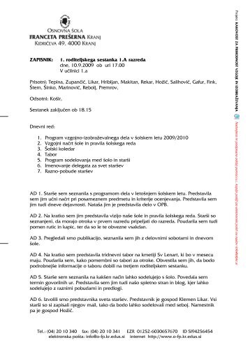 ZAPISNIK: 1. roditeljskega sestanka 1.A razreda dne, 10.9.2009 ob ...