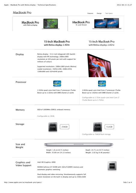 Apple - MacBook Pro with Retina display - Technical Specifications