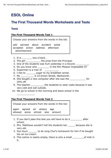 The First Thousand Words Worksheets and Tests - ESOL - Literacy ...