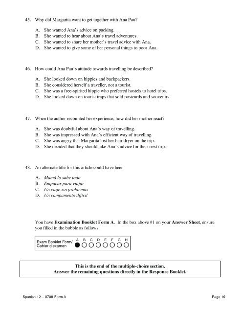 Spanish 12 Form A - QuestionBank.CA