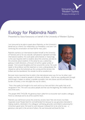 Eulogy for Rabindra Nath - University of Western Sydney